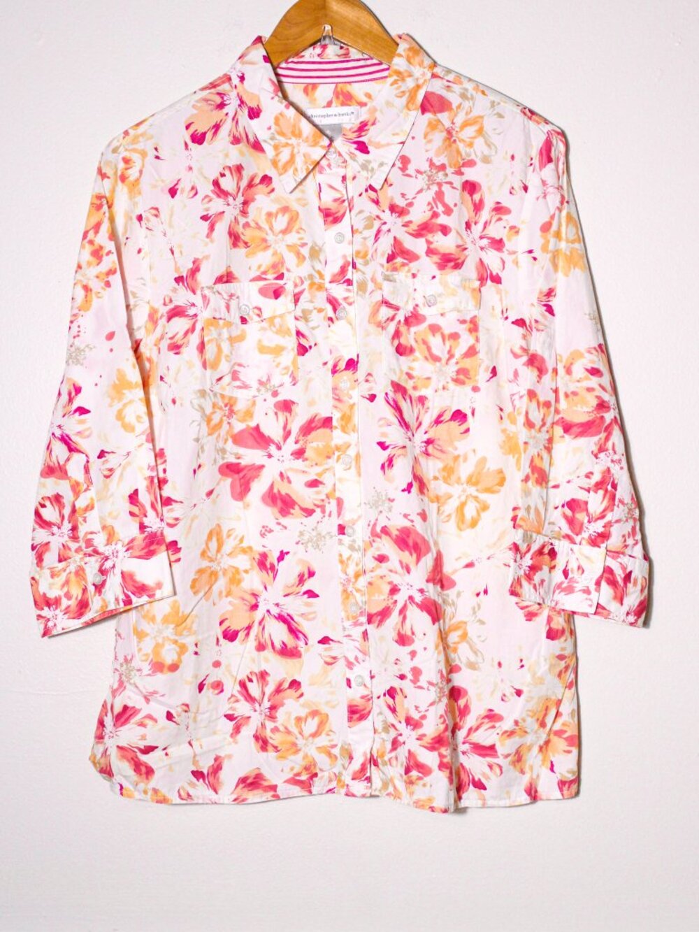 Christopher & Banks Cotton Floral Button Up Shirt Pink Orange 3/4 Sleeve Top XL